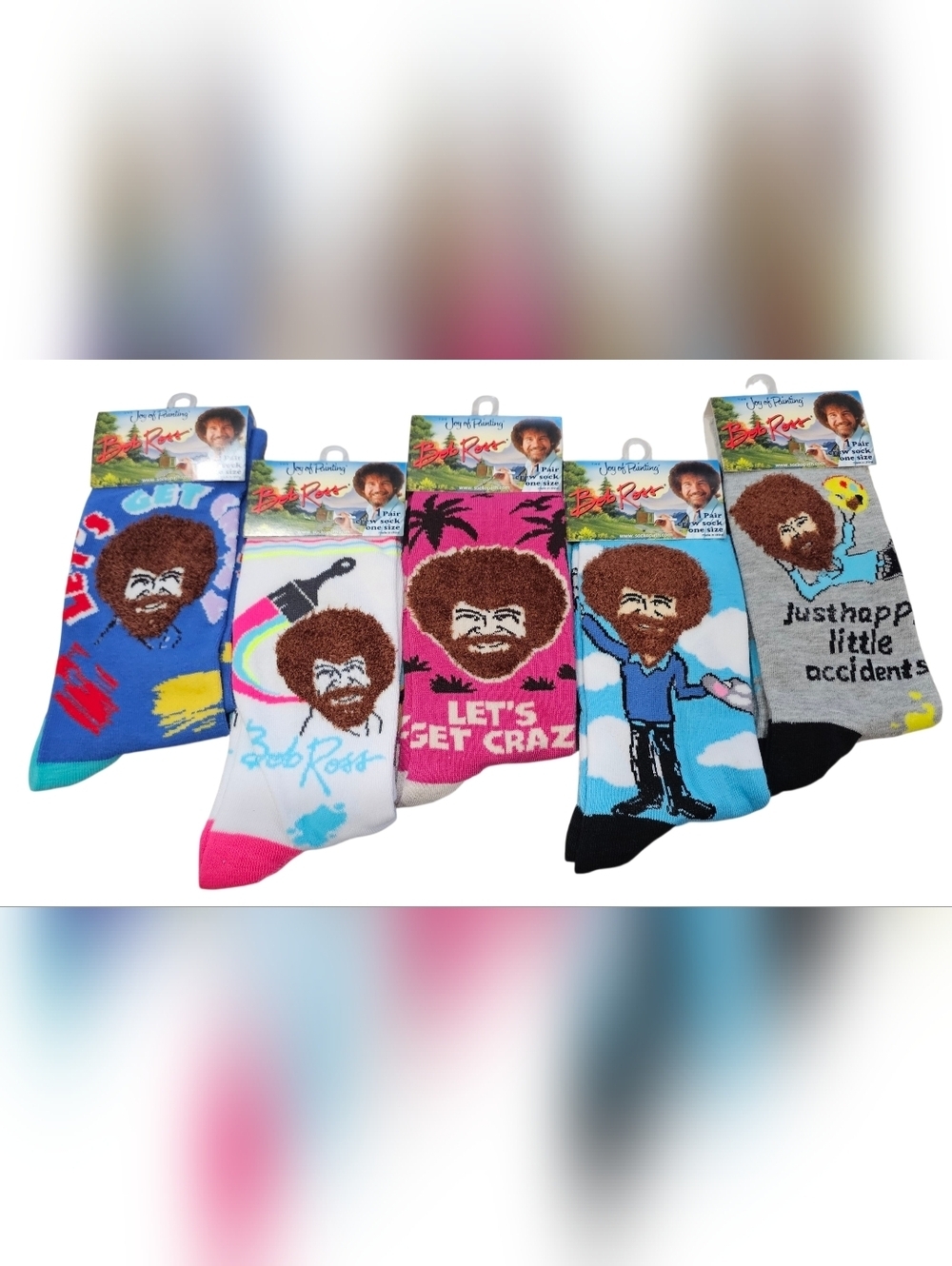 Bob Ross Graphic Crew Socks Set Of 5! New